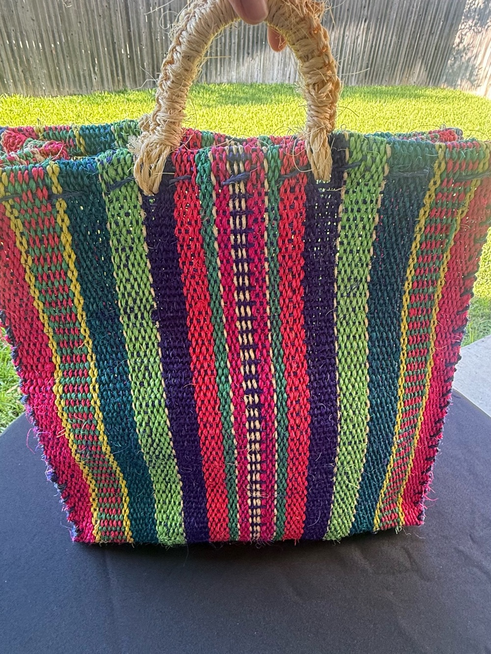 Source Unknown Handwoven Striped Tote in Green, Red, Purple, Blue, Tan